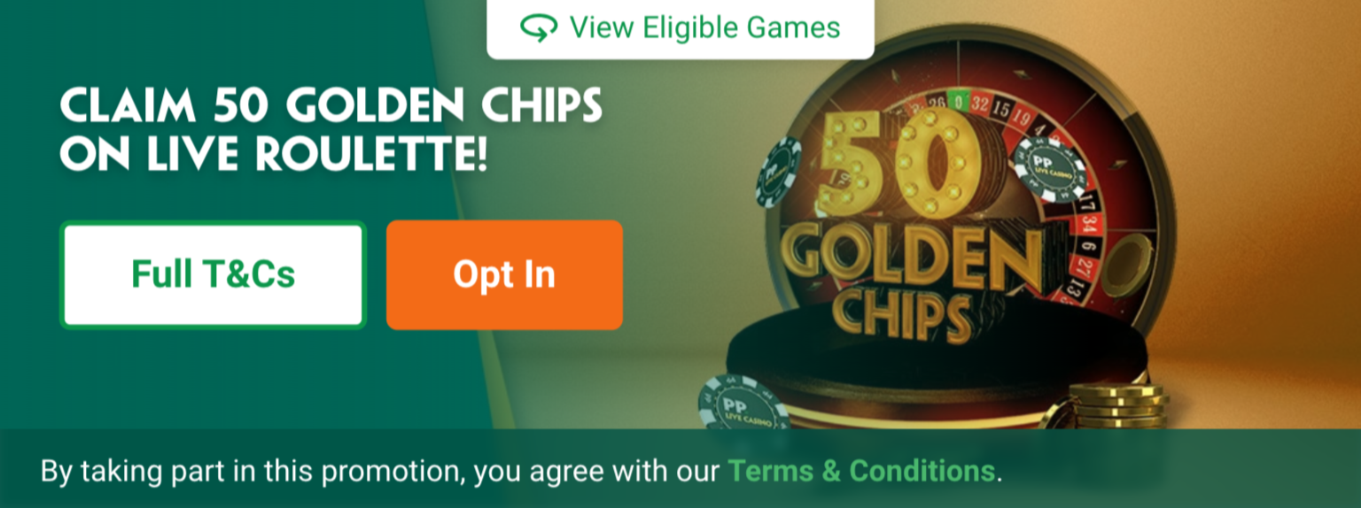 Paddy Power casino offer - claim 50 golden chips on live roulette